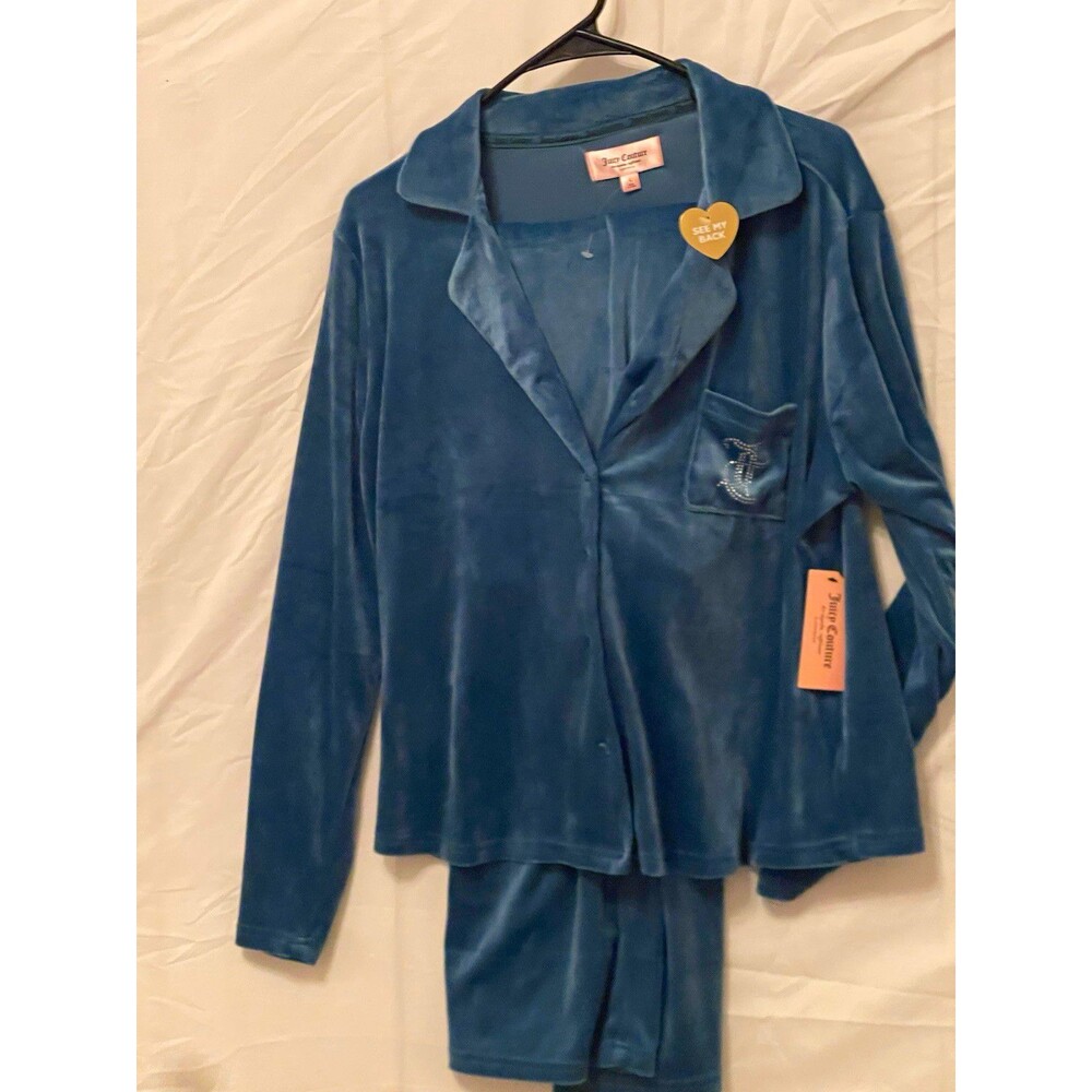 Juicy Couture Women’s Blue Velour 2-Piece Pajama Set Rhinestone Logo, L